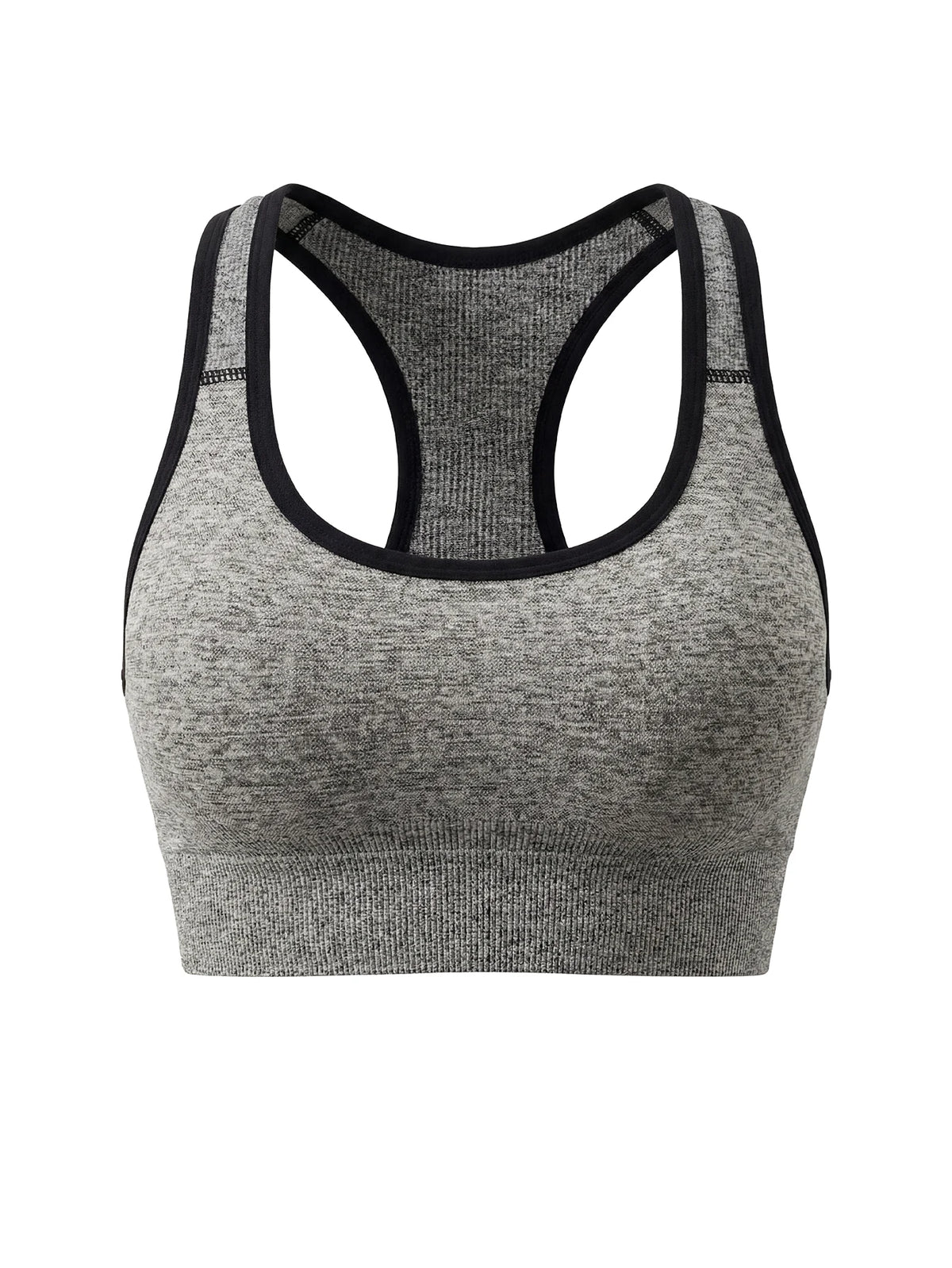 Gray seamless racerback sports bra top with black trim