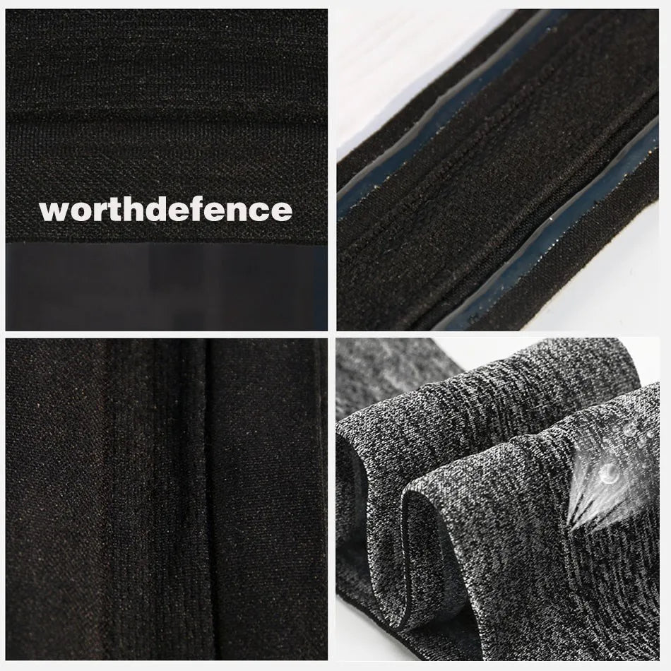 لقطة مقربة لنسيج رباط رياضي أسود مطبوع عليه كلمة 'worthdefence'