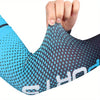 A hand is pulling on a blue and black UV protection arm cooling sleeve for outdoor activities.
