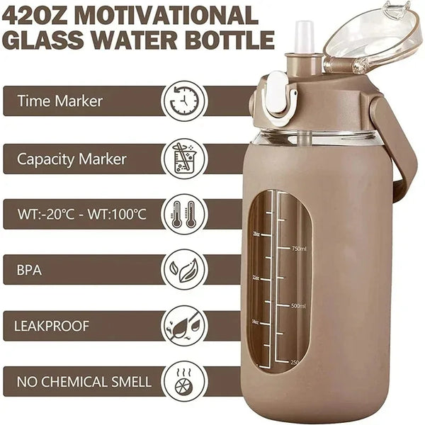 A beige motivational glass water bottle with a lid and straw, featuring time, capacity, BPA-free, leakproof, and no chemical 