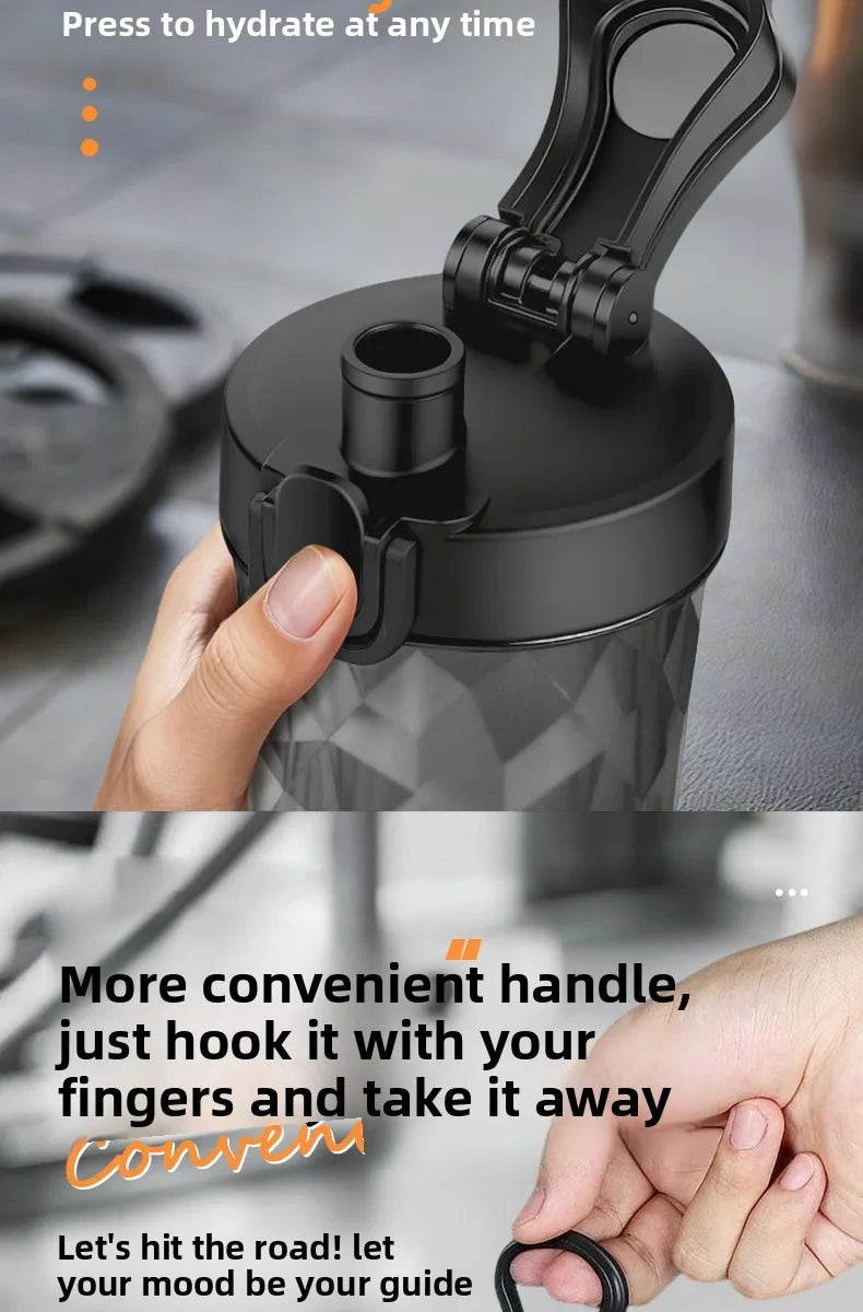 A hand is shown using a black portable electric shaker bottle with a convenient handle to take it away.
