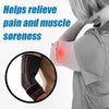 A person is applying an adjustable nylon elbow brace to their elbow, which is glowing red, to relieve pain and muscle sorenes