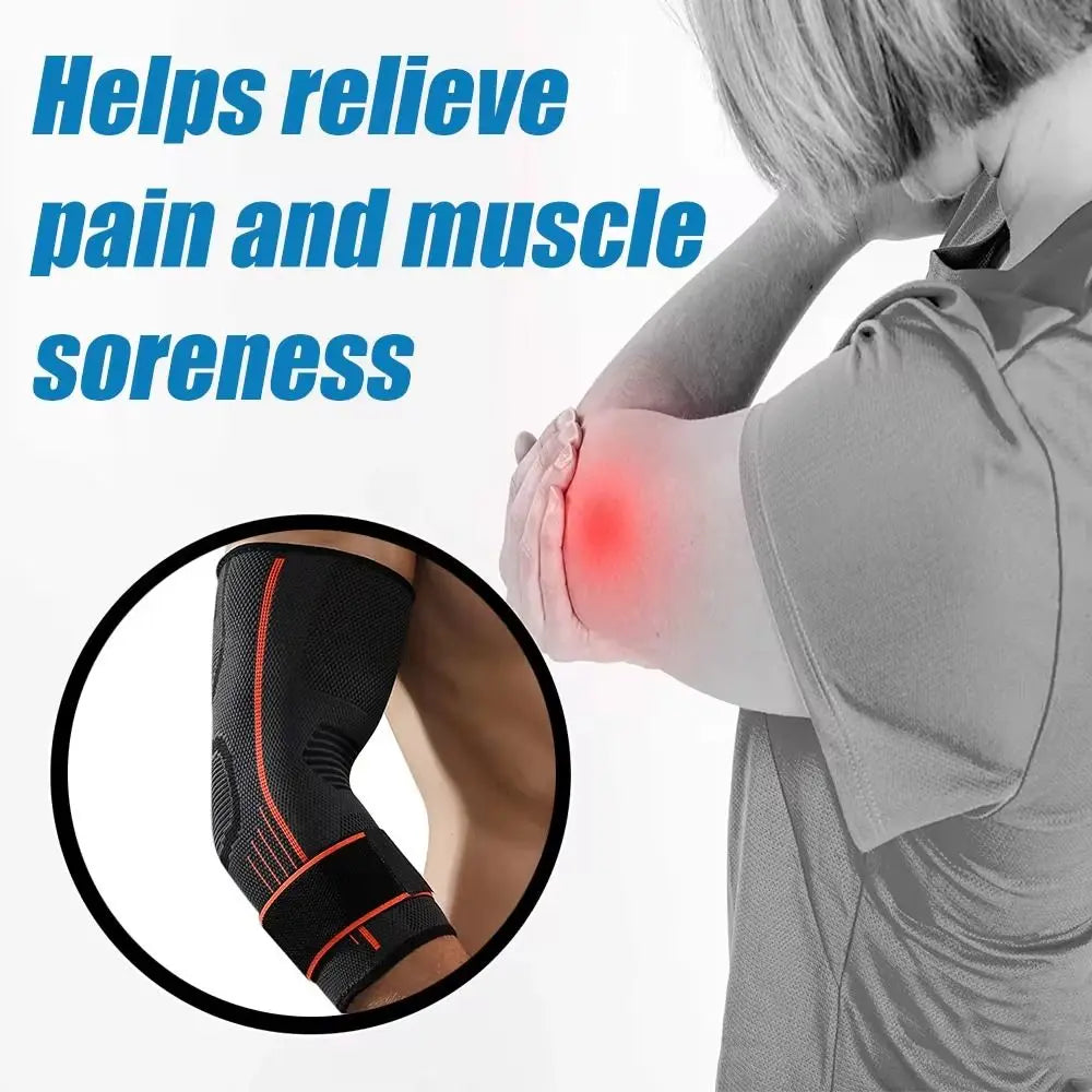 A person is applying an adjustable nylon elbow brace to their elbow, which is glowing red, to relieve pain and muscle sorenes