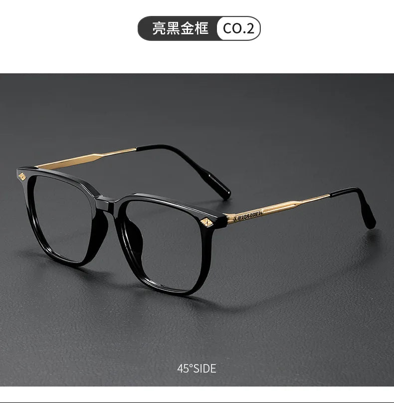 A pair of retro black anti-blue light glasses with gold accents shown from the side.