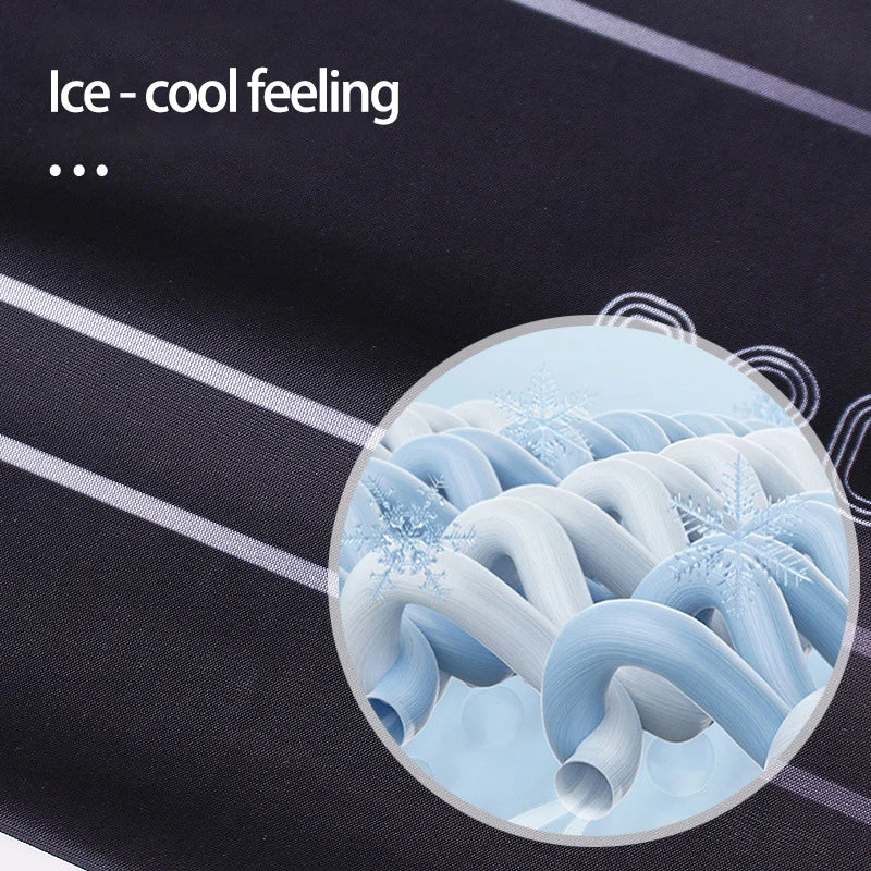 Close-up of blue, wavy fabric texture showing an ice-cool feeling effect on a black background.
