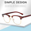 A pair of brown-framed, round eyeglasses with gold accents resting on a white surface.