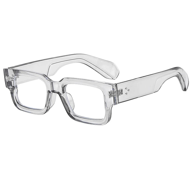 Clear plastic square-framed eyeglasses with a silver rivet detail