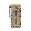 A tan and green camouflage tactical MOLLE water bottle pouch with a leather strap.