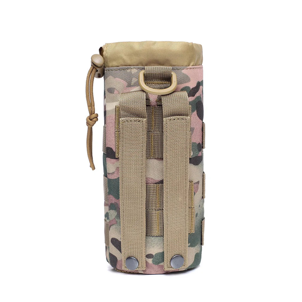 A tan and green camouflage tactical MOLLE water bottle pouch with a leather strap.