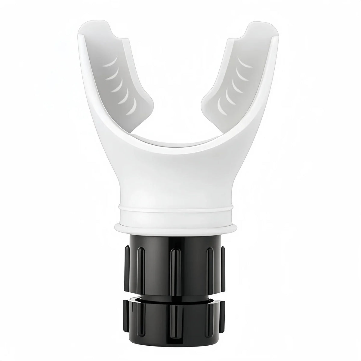 White silicone breathing trainer with a black base and mouthpiece.