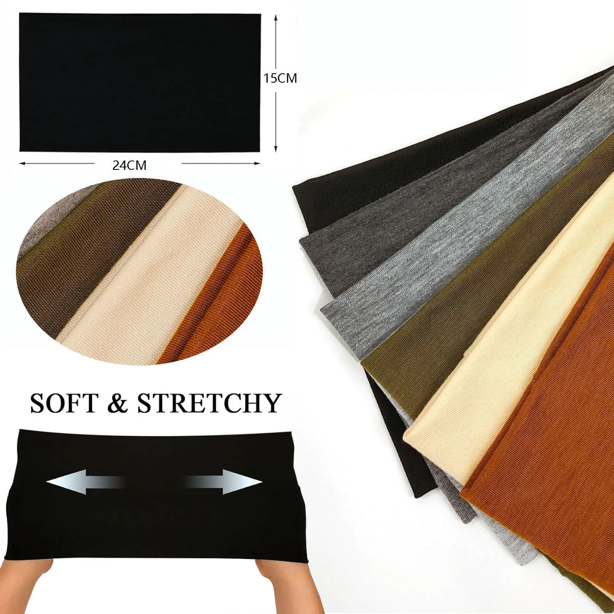 A collection of soft and stretchy boho headbands in various earthy tones shown alongside a black headband.
