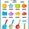 Colección de juguetes de playa plásticos coloridos, incluyendo cubo, vasos de varios tamaños y palas para niños.