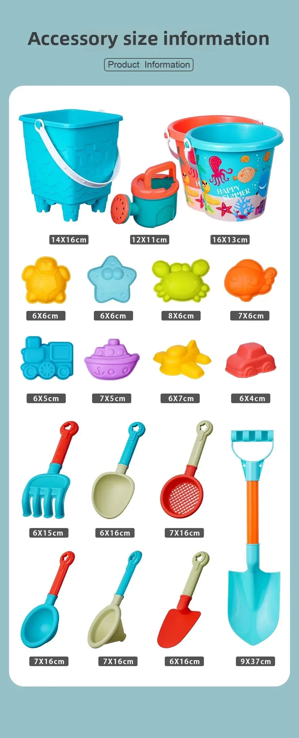 Colección de juguetes de playa plásticos coloridos, incluyendo cubo, vasos de varios tamaños y palas para niños.