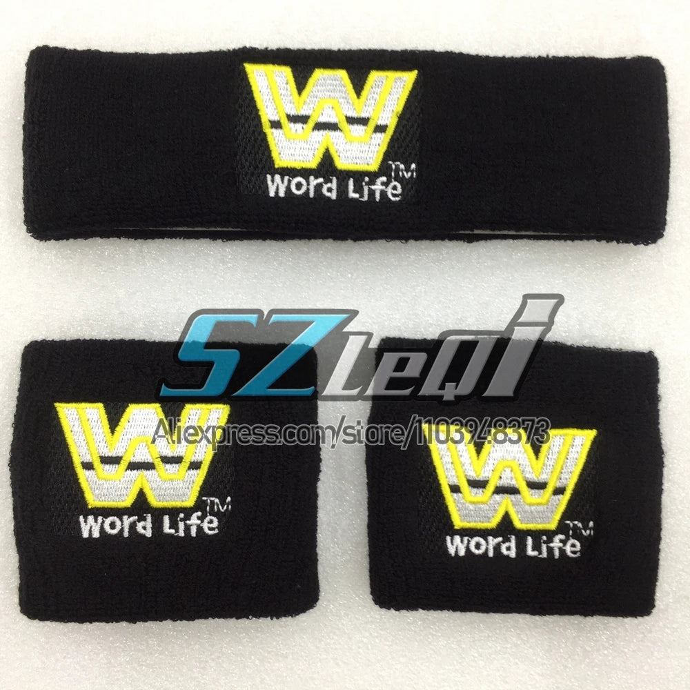 Un juego de pulseras negras con un logo 'W' amarillo y gris y el texto Word Life