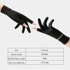 Guantes de ciclismo negros para protección solar, mostrados en una mano con detalles de medidas.