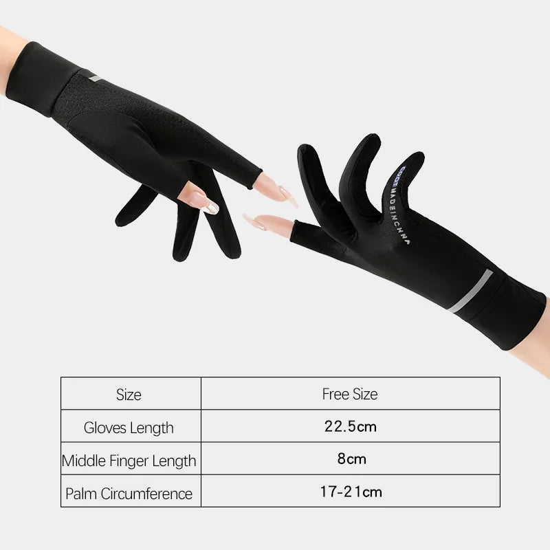 Guantes de ciclismo negros para protección solar, mostrados en una mano con detalles de medidas.