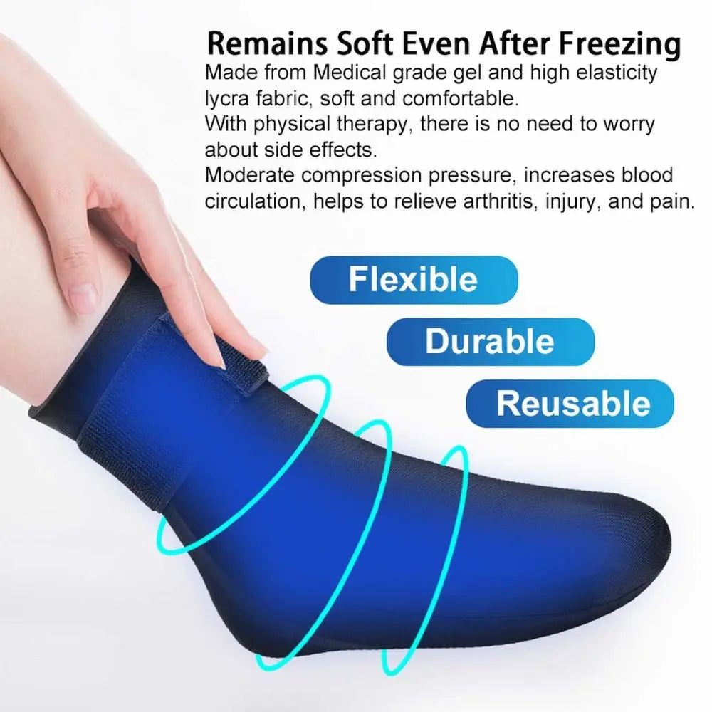 A hand is wearing a blue compression sock designed for therapy and pain relief.