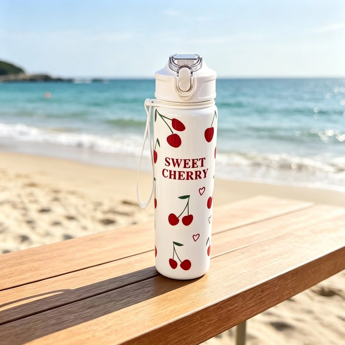 A white reusable water bottle with a cherry design is placed on a wooden table near the ocean.