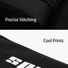 Close-up of black UV protection arm sleeves showing precise stitching and cool prints with the Sport Fashion logo