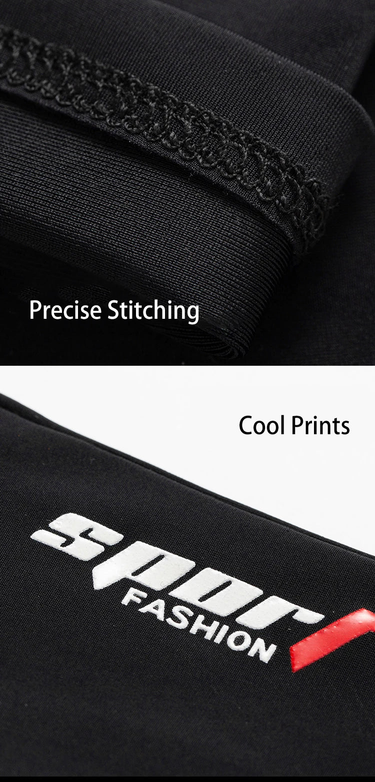 Close-up of black UV protection arm sleeves showing precise stitching and cool prints with the Sport Fashion logo