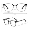 Black retro square blue light blocking eyeglasses shown with various measurements.