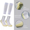 A set of white soccer socks and knee guards with yellow accents, showing features like anti-slip and padded toe.