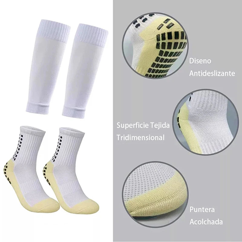 A set of white soccer socks and knee guards with yellow accents, showing features like anti-slip and padded toe.