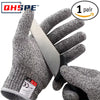 A pair of grey knitted protection gloves with a silver blade inserted, showing the level 5 anti-cut features.