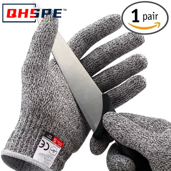 A pair of grey knitted protection gloves with a silver blade inserted, showing the level 5 anti-cut features.