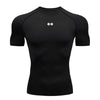 Black men's performance compression t-shirt with a barbell logo on the chest