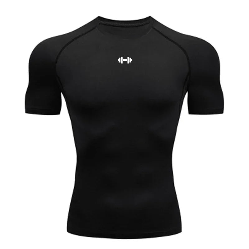 Black men's performance compression t-shirt with a barbell logo on the chest