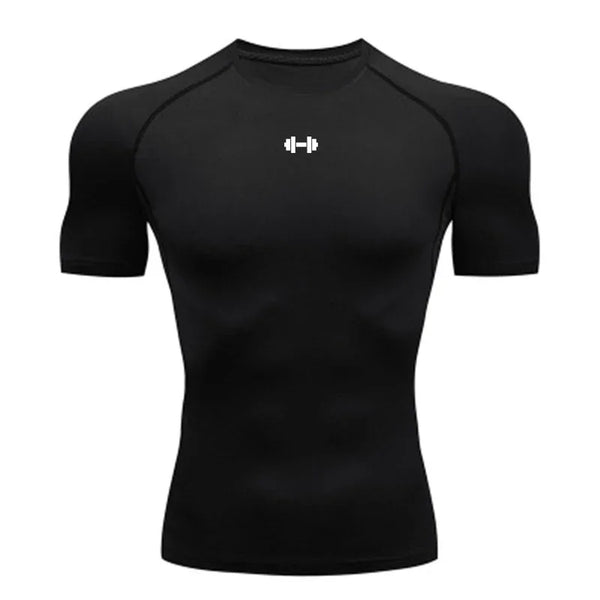 Black men's performance compression t-shirt with a barbell logo on the chest