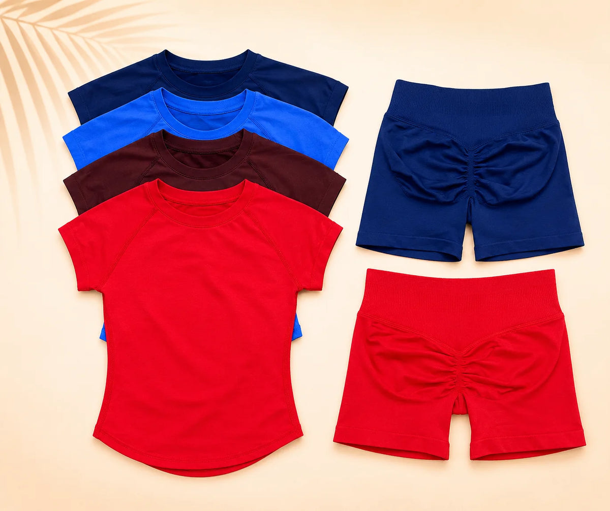 A set of seamless high-waist yoga wear for women in red, blue, and navy colors.