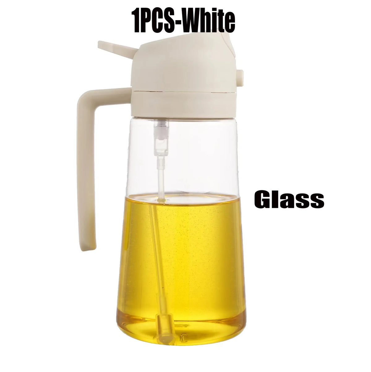 A white glass oil sprayer bottle with a handle and a dropper mechanism filled with yellow oil.
