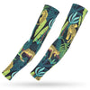 A pair of dark teal and green patterned ice silk arm sleeves featuring jungle animal designs.