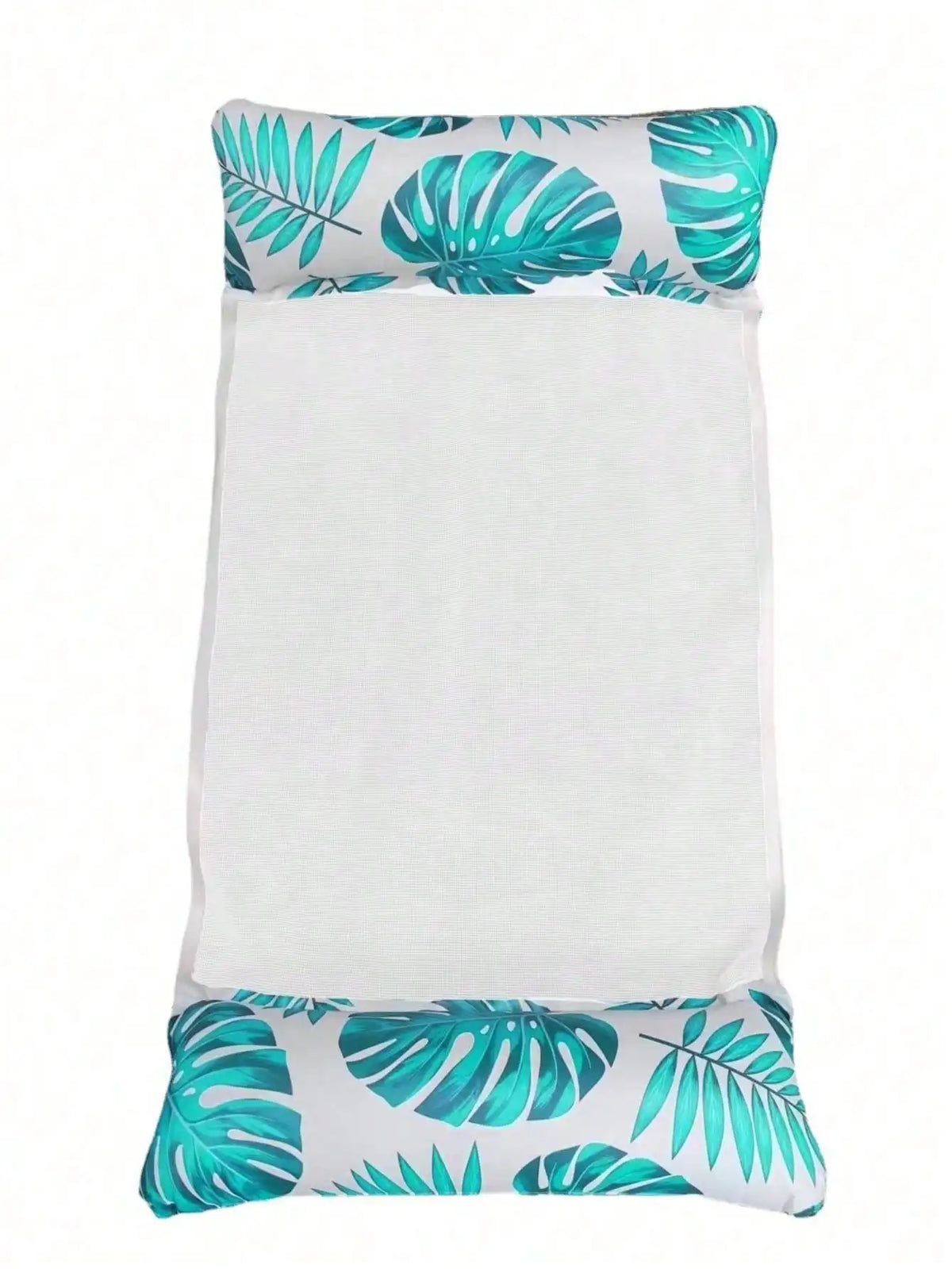White inflatable pool float hammock with tropical green leaf pattern