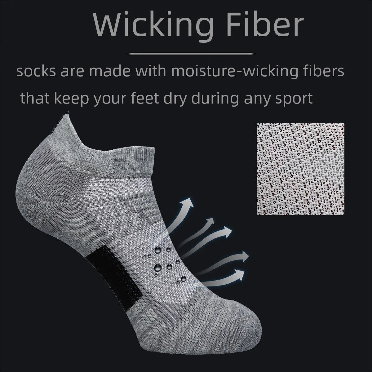 Gray moisture-wicking performance running socks shown on a foot with arrows indicating water drainage.