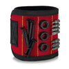 A black and red magnetic wristband designed for storing and organizing hardware.