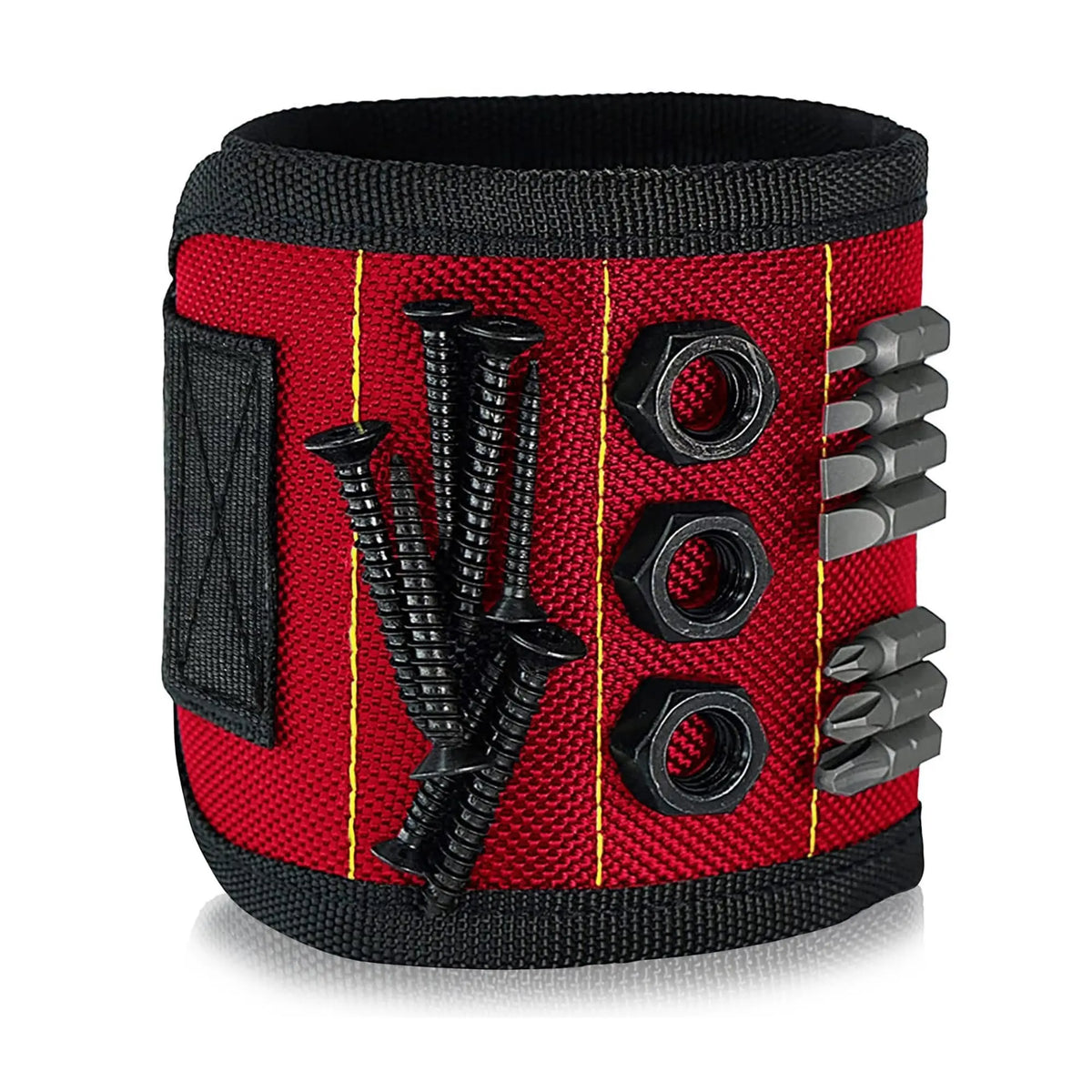 A black and red magnetic wristband designed for storing and organizing hardware.