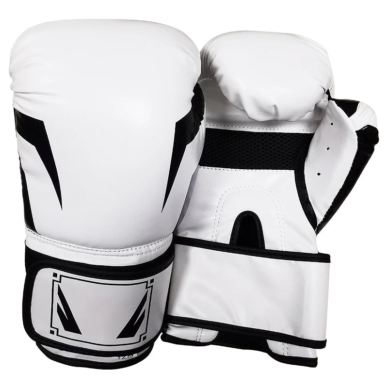 A pair of white and black professional PU leather boxing gloves shown in a studio setting.