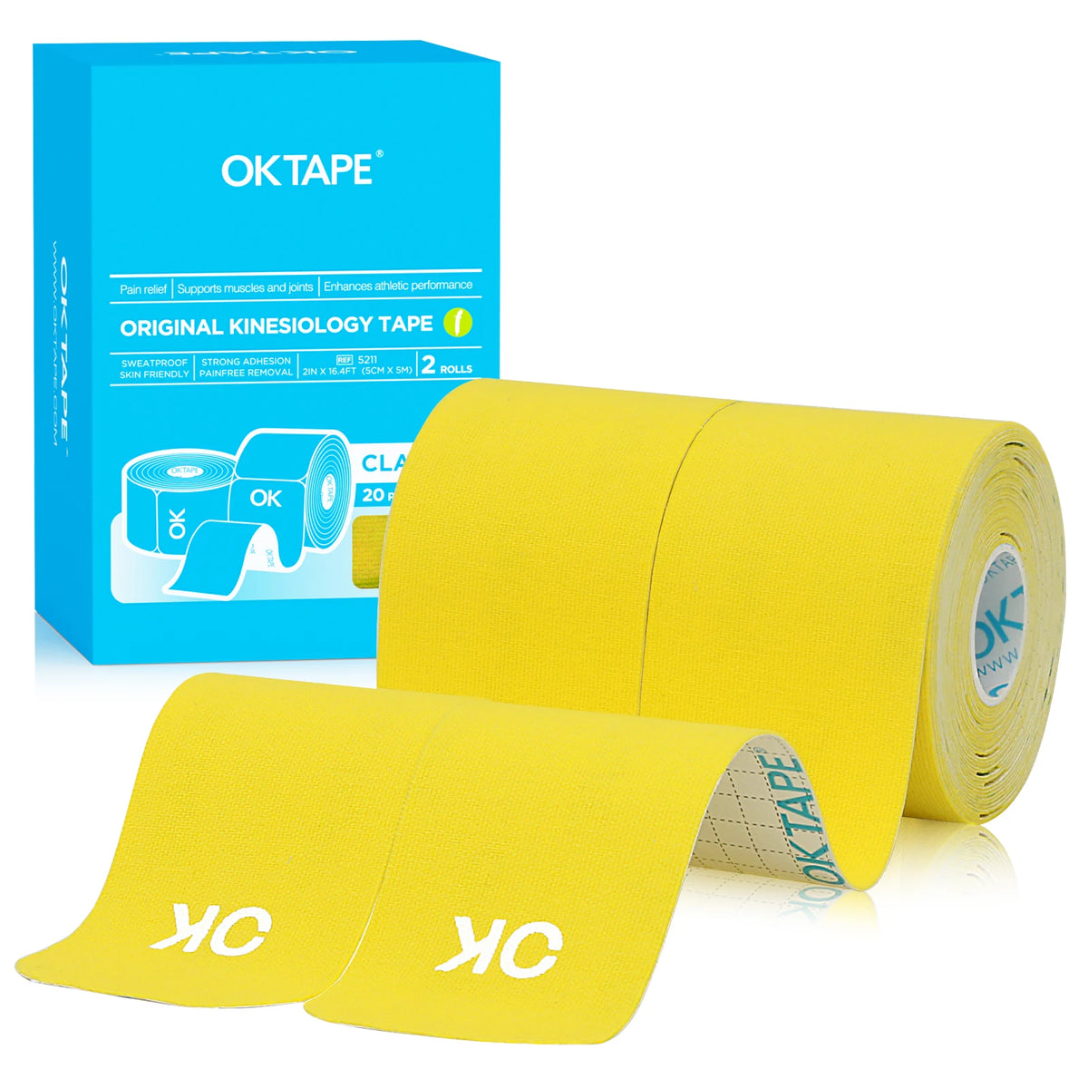 A roll of yellow OKtape kinesiology tape and a box of OKTAPE product.