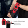 A male wrist brace in red and black is shown on an arm, demonstrating its design for support.