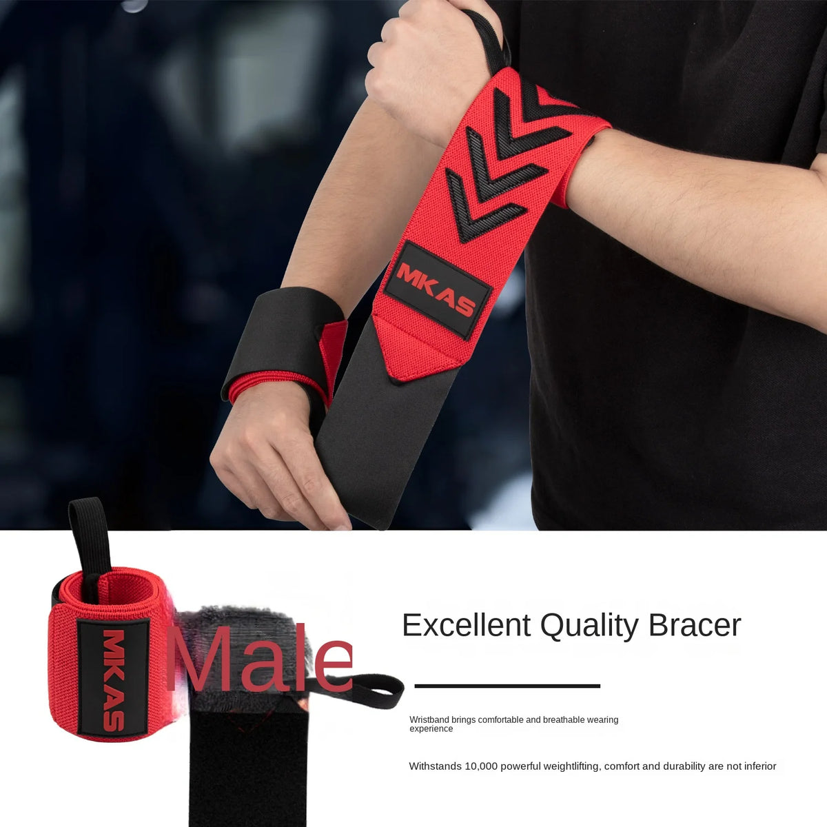 A male wrist brace in red and black is shown on an arm, demonstrating its design for support.