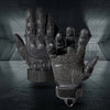 A pair of black tactical PU leather finger gloves are displayed against a dark, textured background.