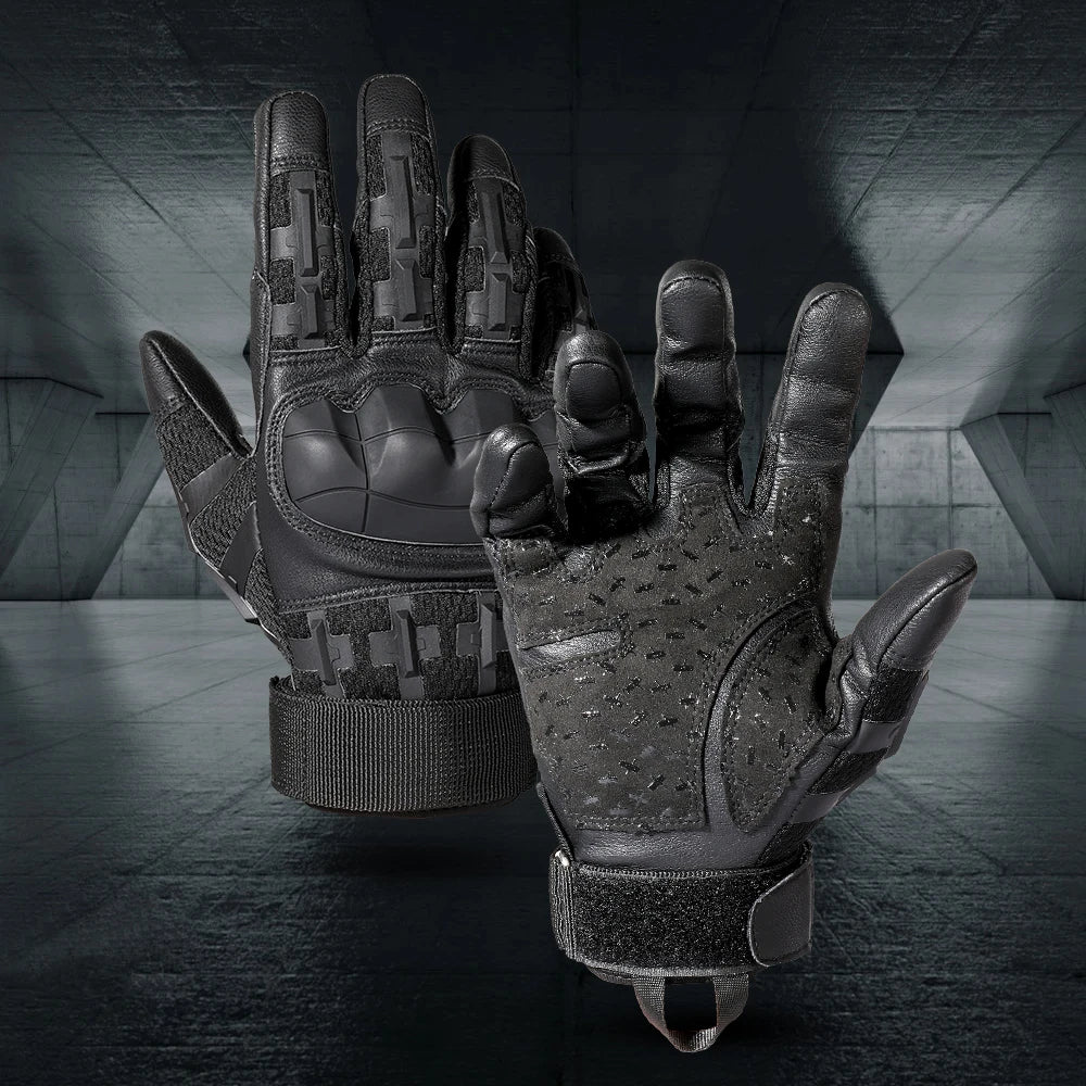 A pair of black tactical PU leather finger gloves are displayed against a dark, textured background.