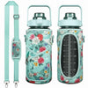 A teal insulated water bottle cover with a floral pattern and an adjustable strap.