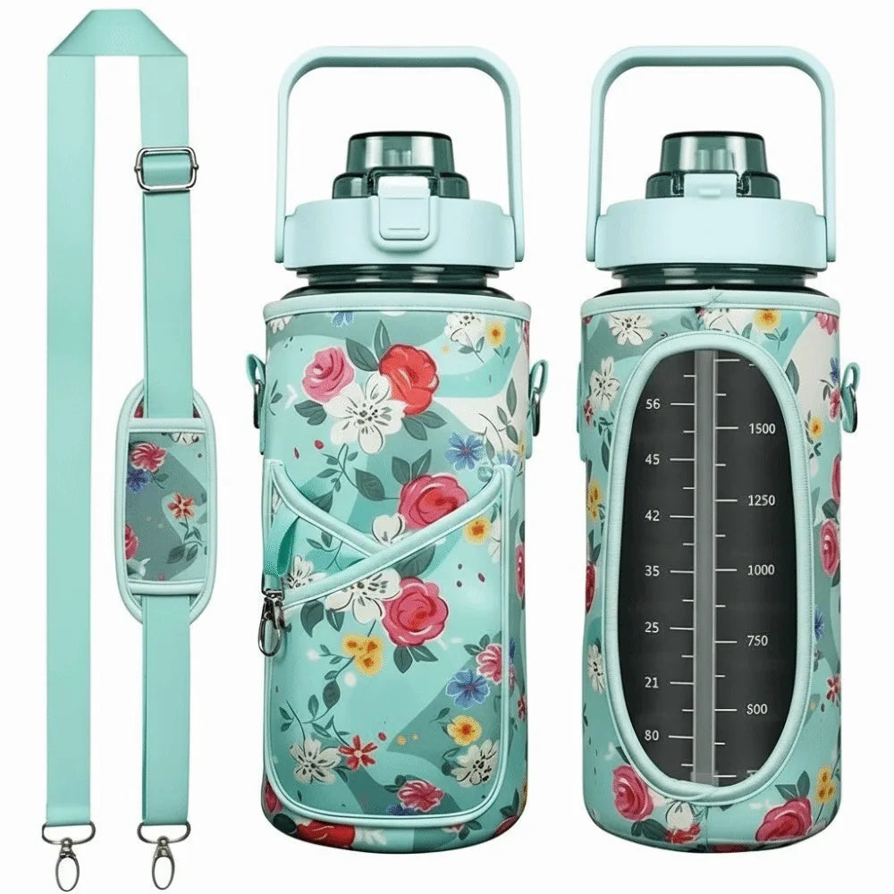 A teal insulated water bottle cover with a floral pattern and an adjustable strap.