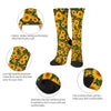 A set of sunflower print breathable crew socks shown with close-ups detailing elastic bands and material quality
