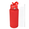 A red stainless steel vacuum flask water bottle with a hinged lid and an attached metal straw.