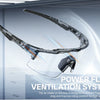 Photochromic cycling sunglasses featuring a power flow ventilation system for improved riding comfort.